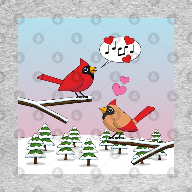 Cute Red Northern Cardinals Love Winter Landscape by BirdAtWork